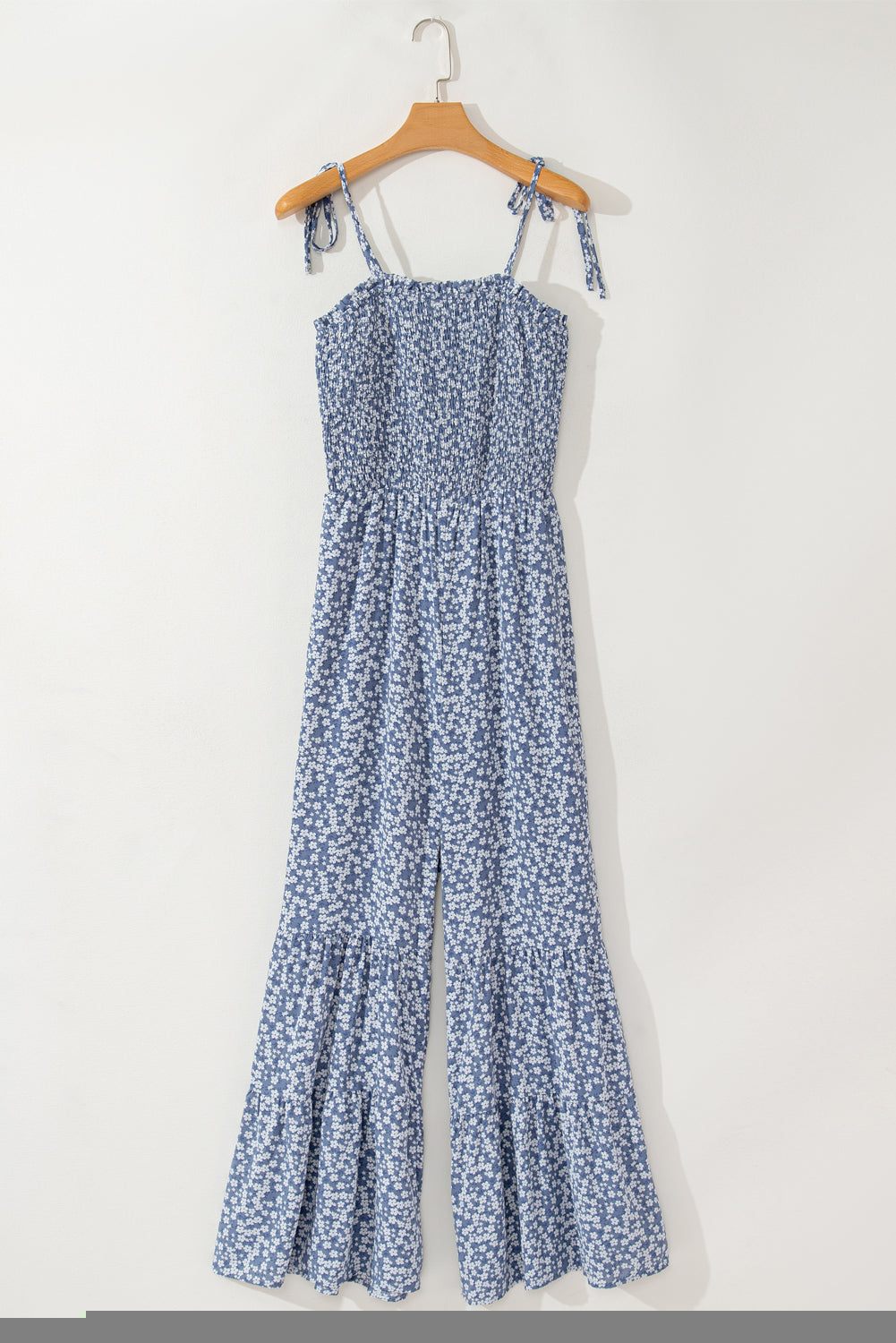 Dusk Blue Floral Smocked Bodice Wide Leg Jumpsuit