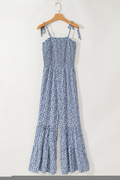 Dusk Blue Floral Smocked Bodice Wide Leg Jumpsuit