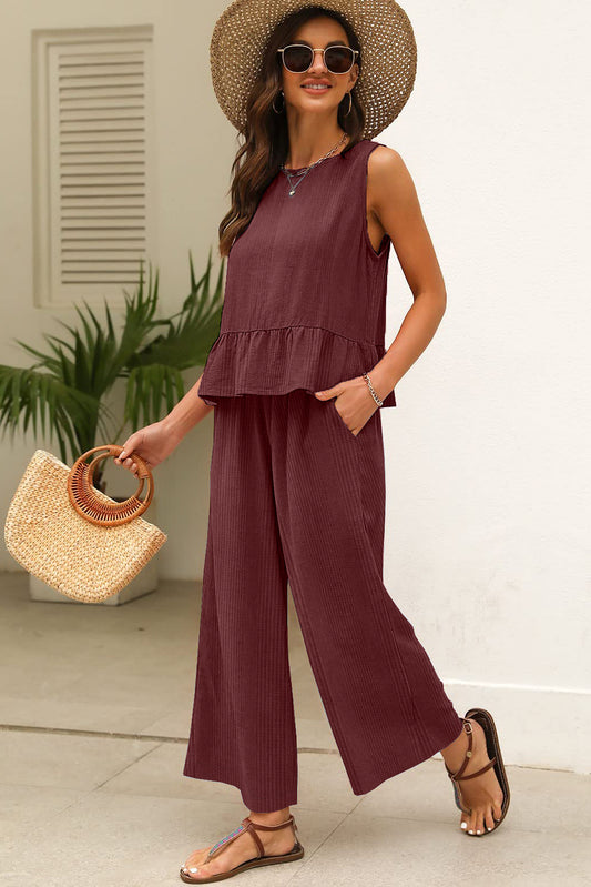 Ensemble débardeur et pantalon côtelés à volants de couleur unie Red Dahlia