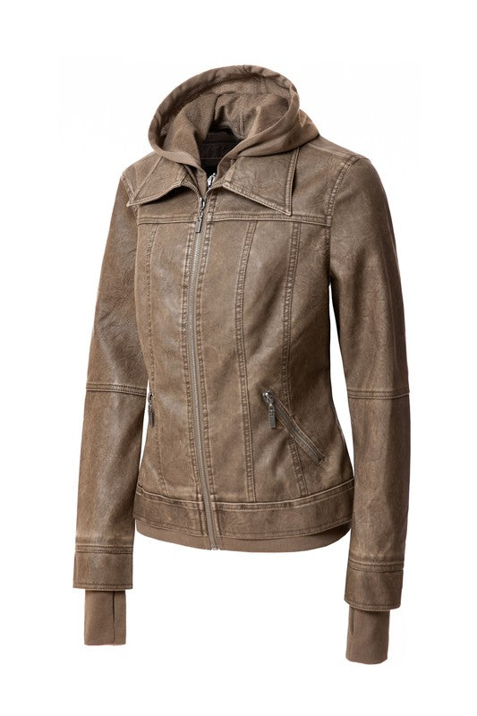 Veste en cuir PU à capuche pour femme