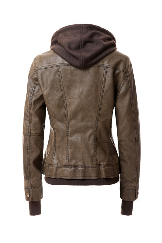 Veste en cuir PU à capuche pour femme