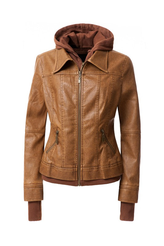 Veste en cuir PU à capuche pour femme