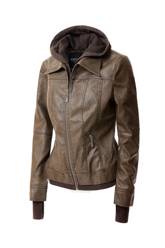 Veste en cuir PU à capuche pour femme