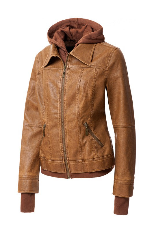 Veste en cuir PU à capuche pour femme