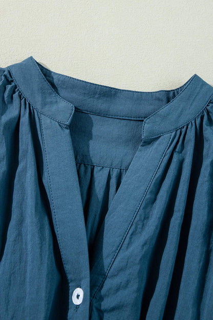 Prussian Blue 3 4th Sleeve Shirred High Waist Buttoned Mini Dress