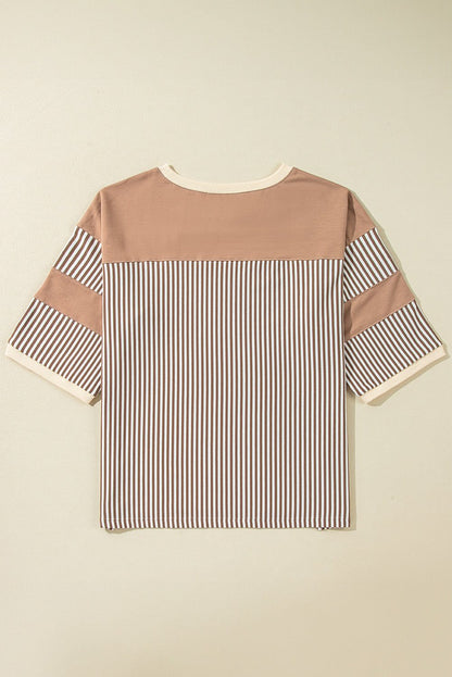 Khaki stripe patchwork bracelet sleeve plus size T-shirt with crew neck.
