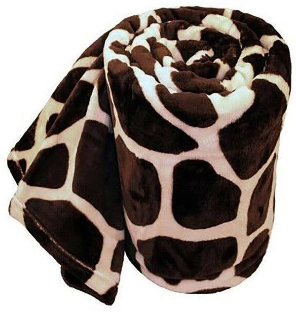 Super Soft Cozy giraffe print flannel blanket rolled up.