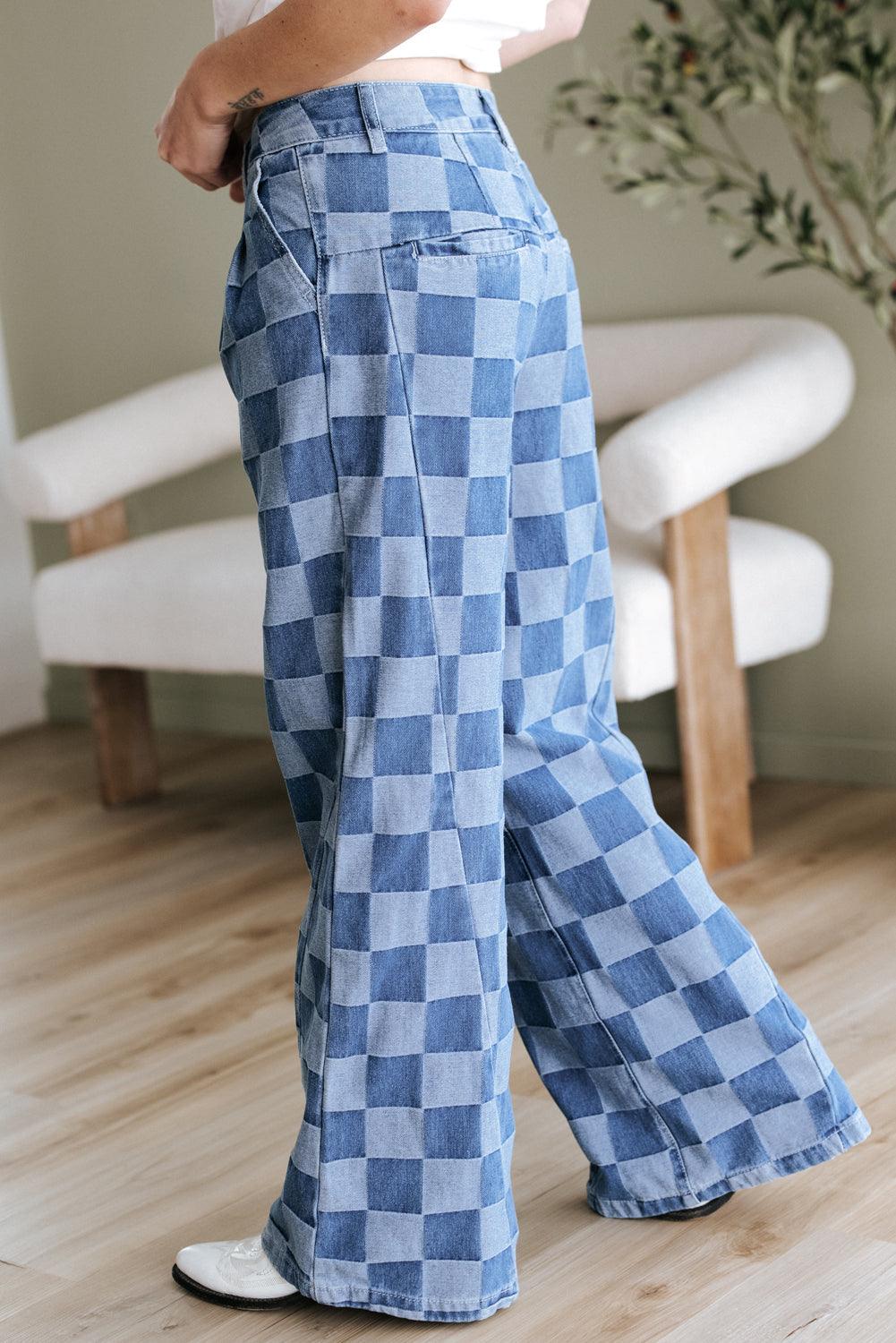 Dusk Blue Checkered Denim Wide Leg Jeans with retro-inspired wide-leg fit.