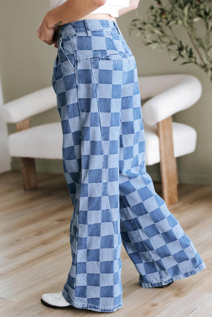 Dusk Blue Checkered Denim Wide Leg Jeans with retro-inspired wide-leg fit.