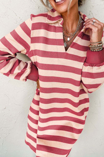 Striped mini dress with Johnny collar and long sleeves in red and beige.