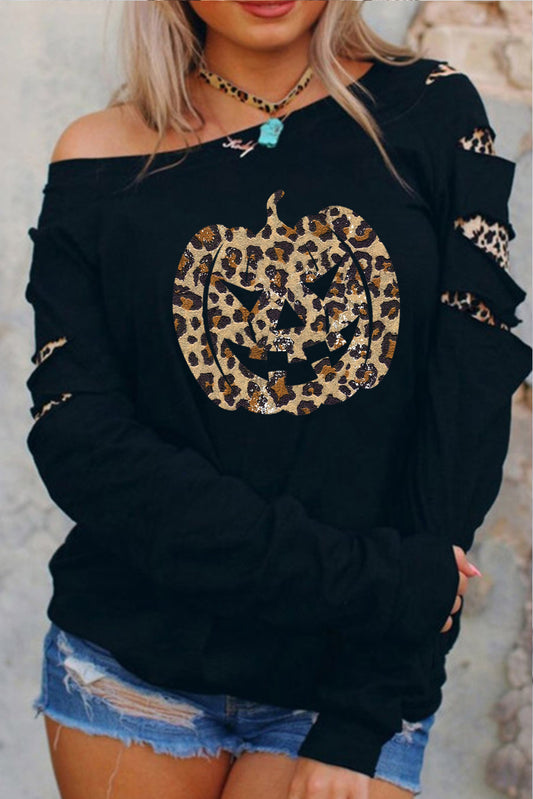 Leopard Halloween Pumpkin Face Ripped Sleeve Sweatshirt