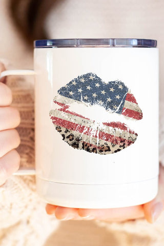 Leopard Patriotic Lips Travel Mug Cup