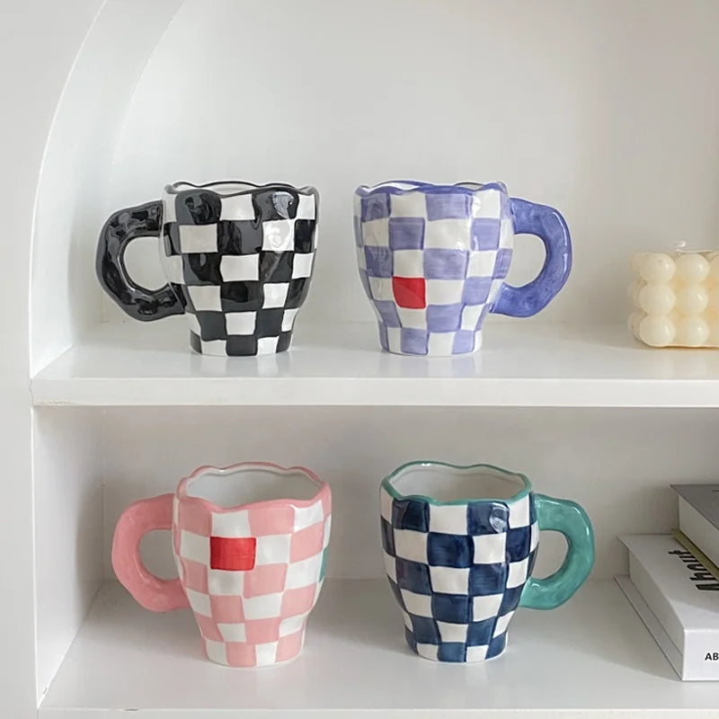 Handmade Coffee Cup Ceramic Irregular Checkerboard Design