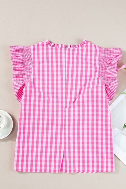 Checkered Ruffled Sleeve Flat Back Pink 