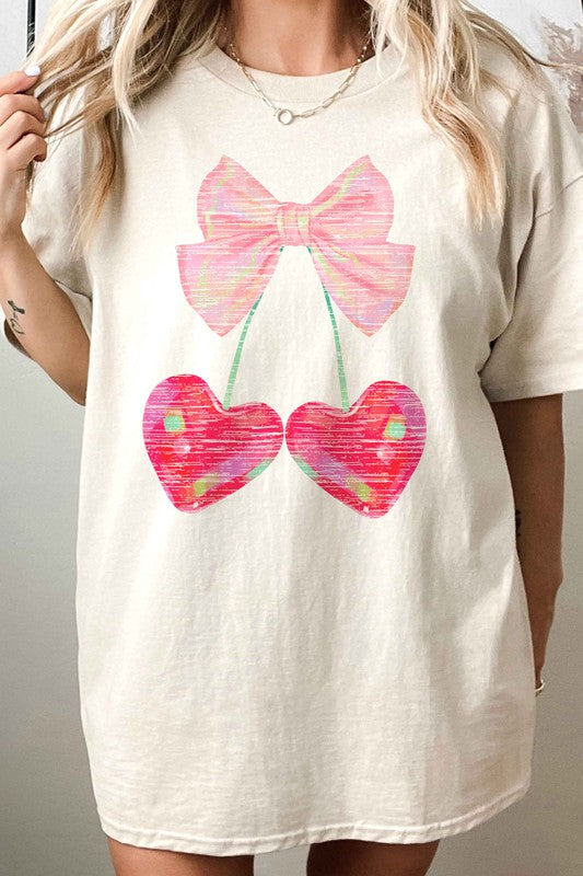 CHERRY RIBBON VALENTINES OVERSIZED GRAPHIC TEE