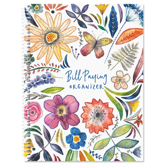 Embroidered Florals Bill Paying Organizer - Spiral Account Book, 9" by 12 Inch, 14 File Folder Pockets, Receipt Storage Holder