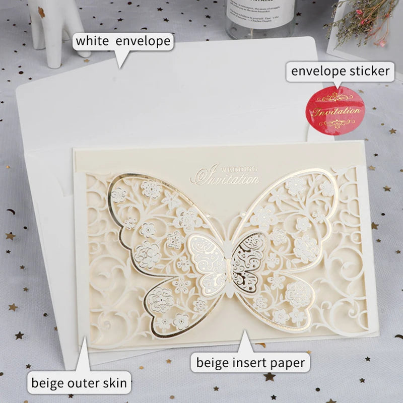 100Pcs Butterfly Laser Cut Wedding Invitation Cards Hollow Flora Greeting Cards Customized Wedding Decoration Party Supplies