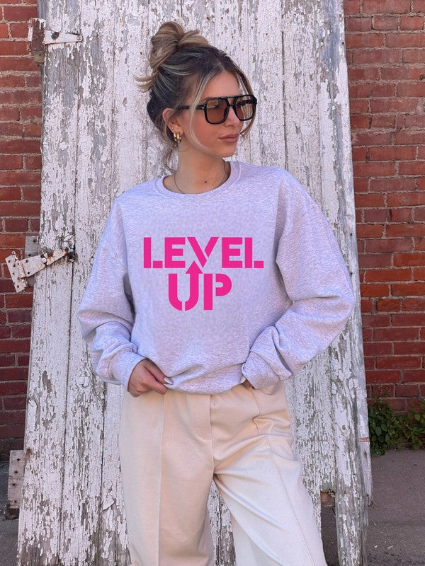 Pink Ink Level Up Graphic Crew Sweatshirt