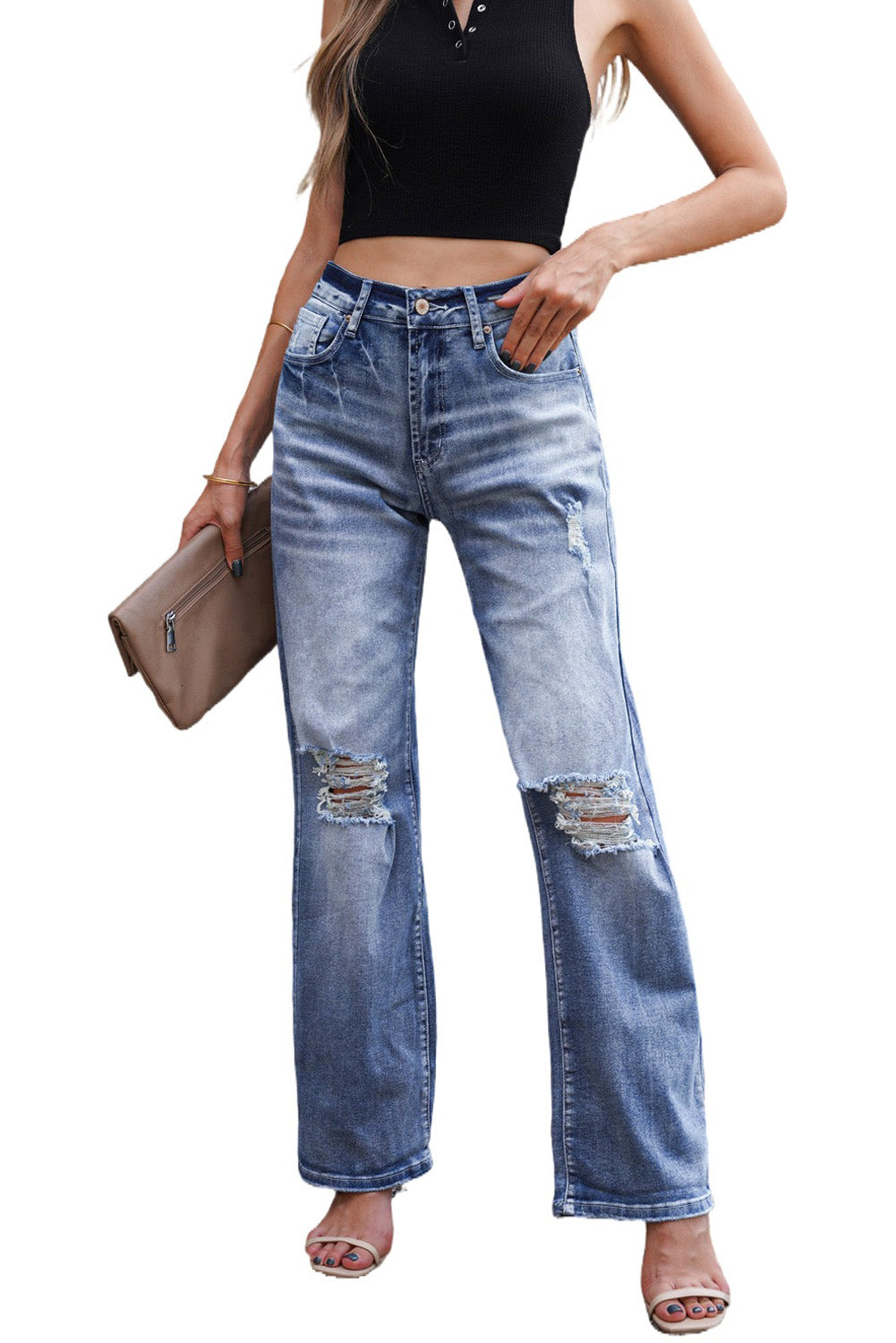 Blue High Waist Distressed Ripped Hole Flare Jeans