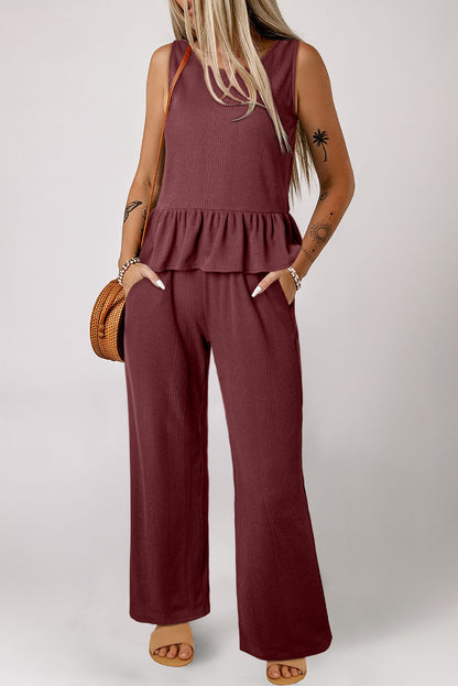 Ensemble débardeur et pantalon côtelés à volants de couleur unie Red Dahlia