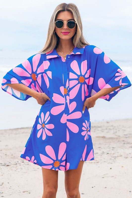 Blue Summer Floral Print Romper