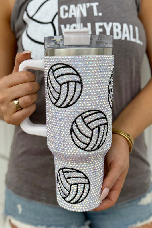 White 40 Oz Rhinestone Volleyball Tumbler with Handle