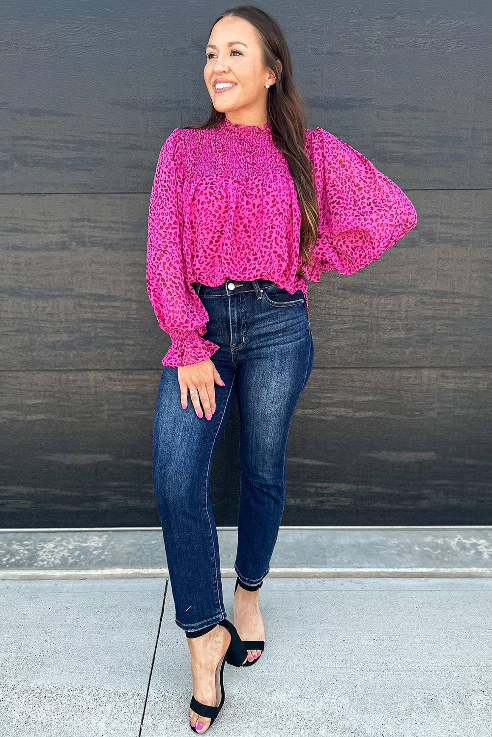 Leopard Print Blouse – Rose Puff Sleeve Shirred Top full view