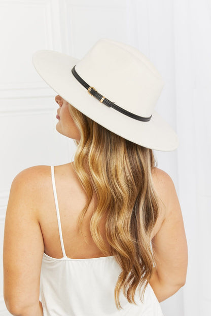 Wide brim fedora for women featuring gold buckle detail