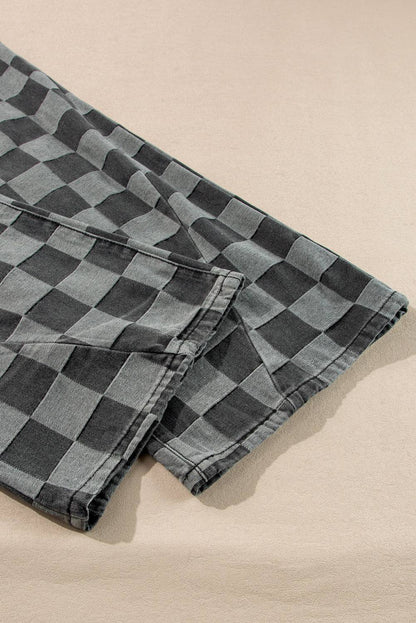 Dark grey checkered wide-leg denim jeans with unique pattern and relaxed fit.