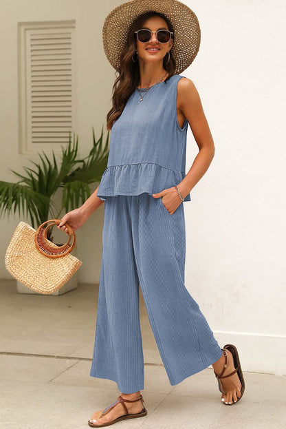 Ensemble débardeur et pantalon côtelés à volants de couleur unie bleu Beau