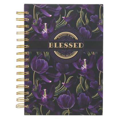 Journal with purple tulip design, gold-foiled scripture, black background, wirebound, 192 ruled pages.