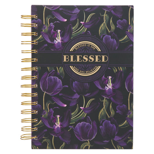 Journal W/Scripture Floral Blessed Luke 1:45 Bible Verse Black Purple 192 Ruled Pages, Large Hardcover Notebook, Wire Bound