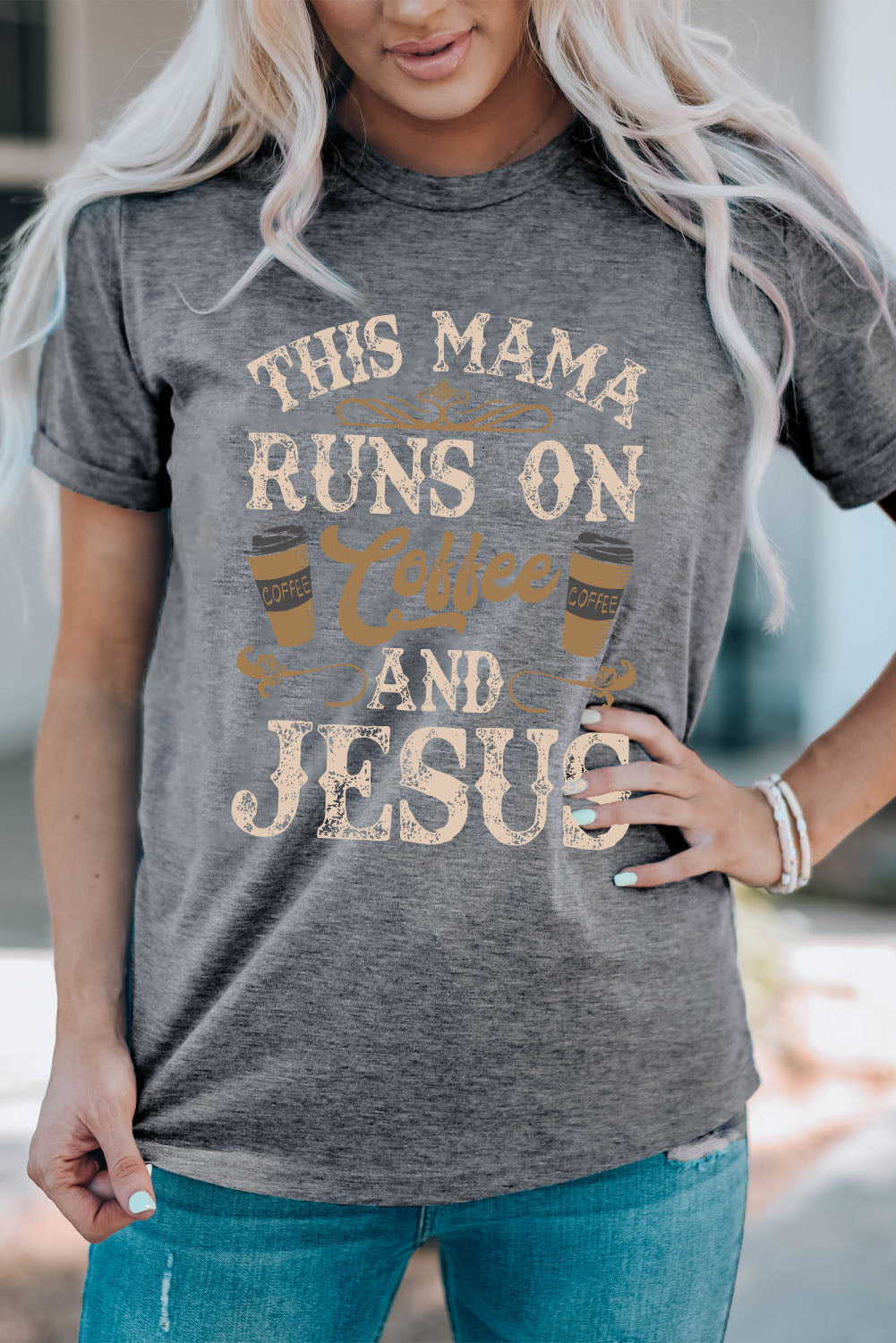 Gray Coffee And Jesus Graphic T-Shirt