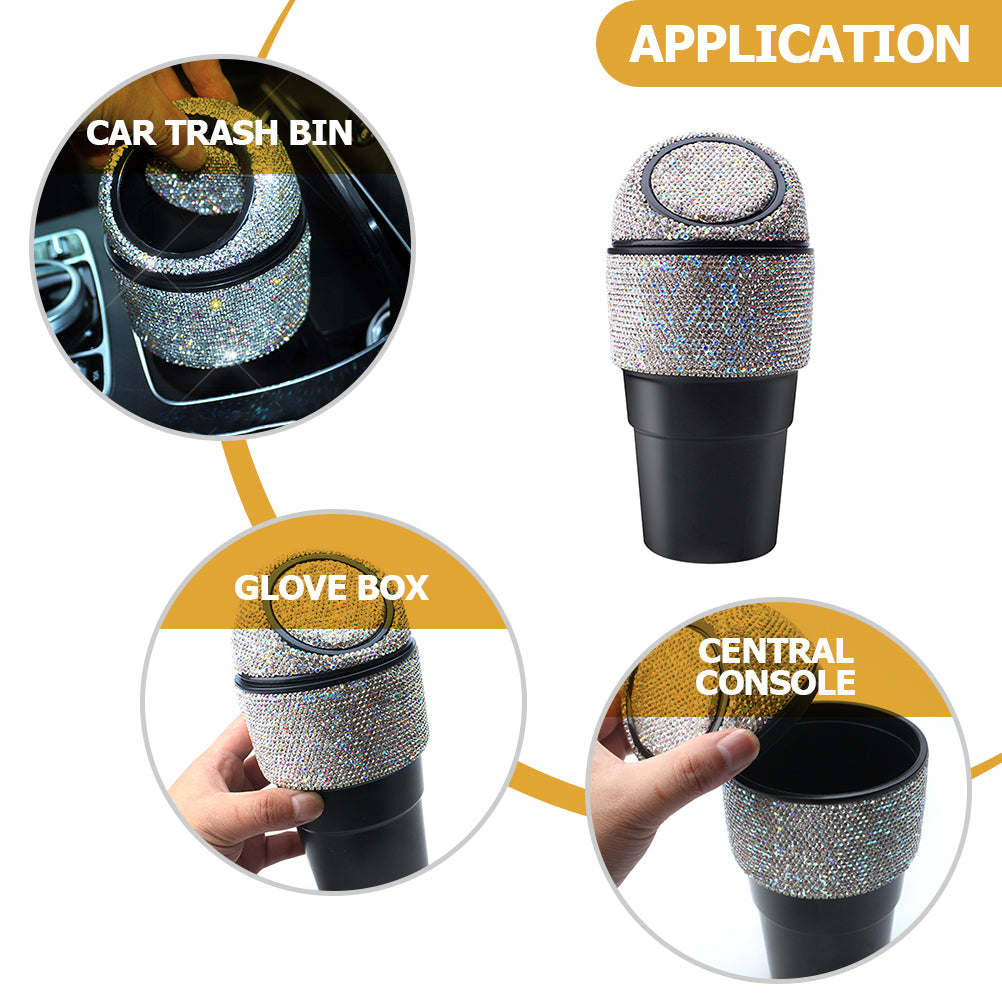 Car Can Trash Trash Canss Trashcan with Lid Bling Rhinestone Garbage Vehicle Center Console Abs