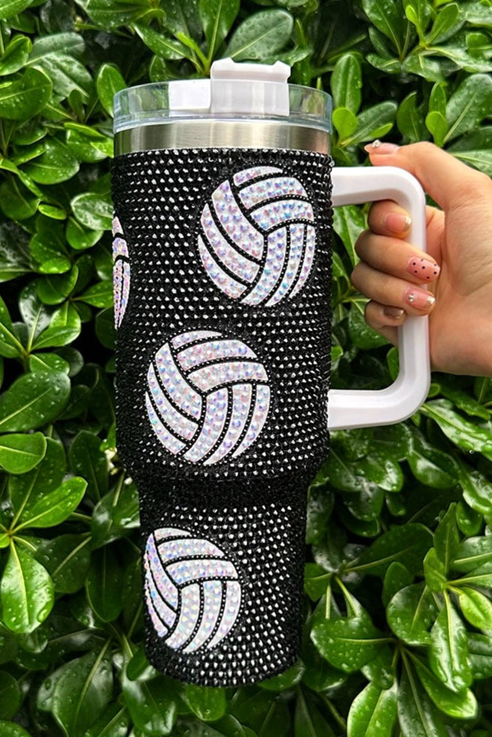 White 40 Oz Rhinestone Volleyball Tumbler with Handle