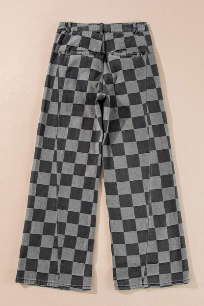 Dark grey checkered wide-leg denim jeans with relaxed fit and standout style.