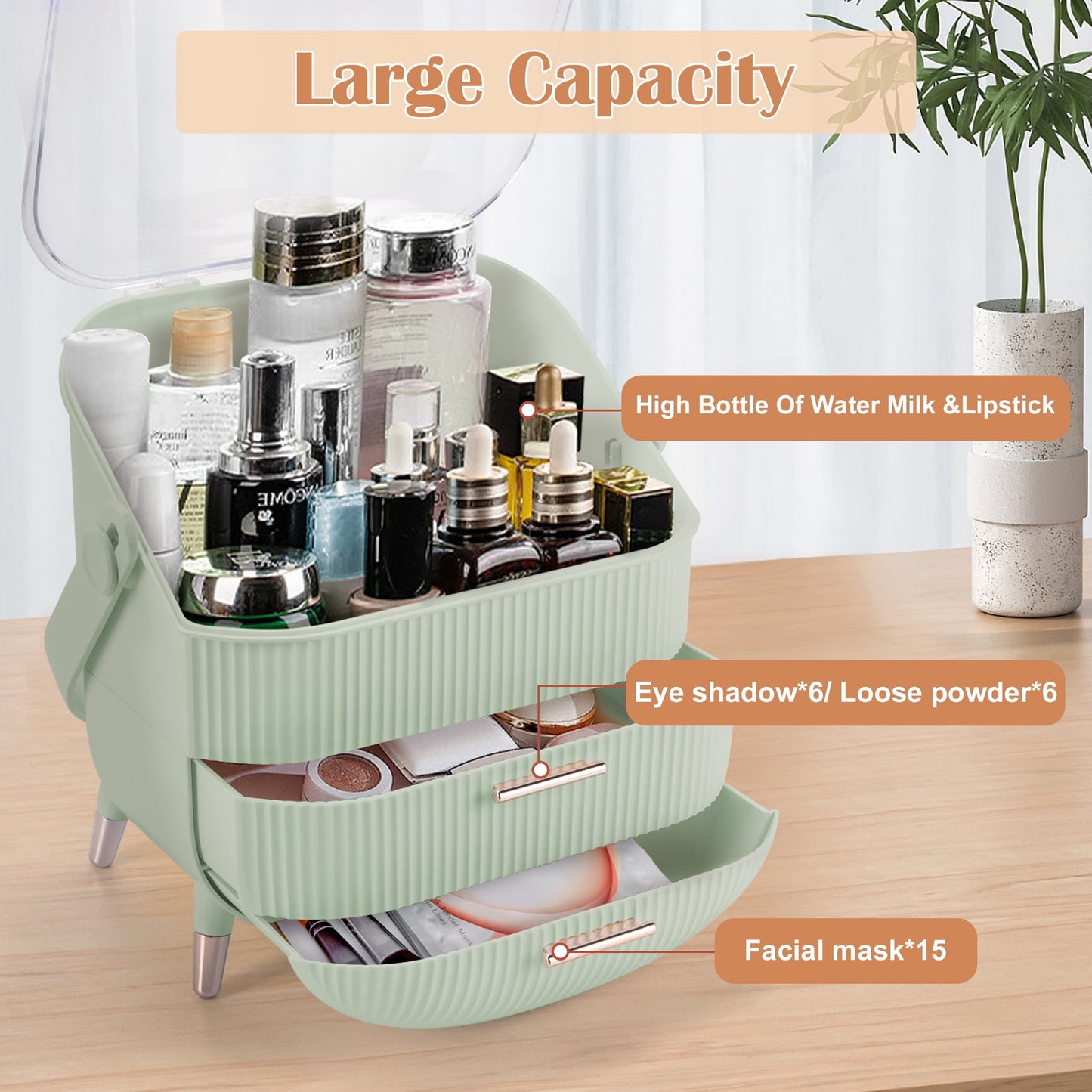 Makeup Organizer with 3 Drawers, Cosmetics Skincare Organizers with Transparent Lid, Vanity Makeup Storage，Bathroom Counter Organizer, Green