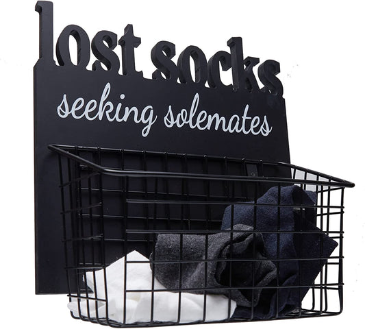 Cutout Letters Lost Socks - Laundry Room Organization, Farmhouse Laundry Room Decor and Accessories - House Decor Rustic Wooden Laundry Sign Wall Decor with Attached Basket - Black