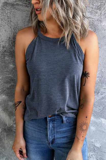 Grey Solid Color Crew Neck Tank Top