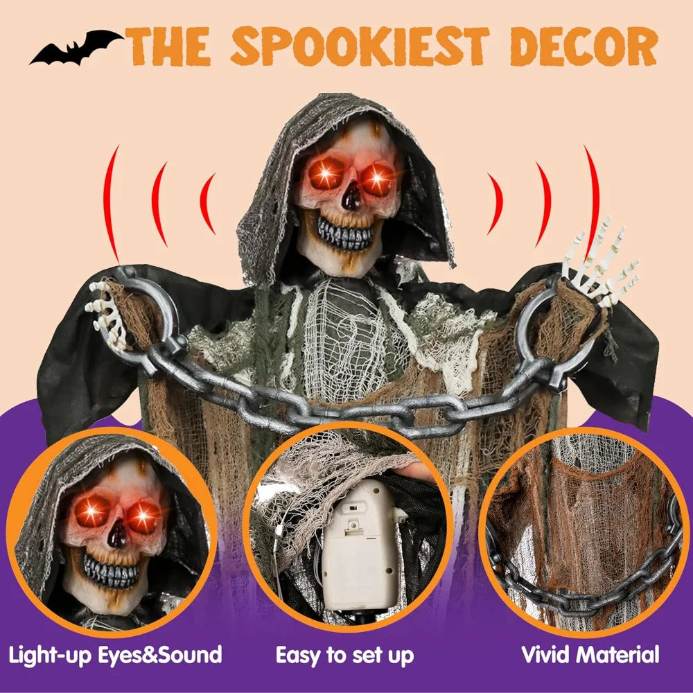 Halloween Grim Reaper with Chain, Halloween Skeleton Life Size with Light-Up Eyes and Creepy Sound, Scary Decorations Props