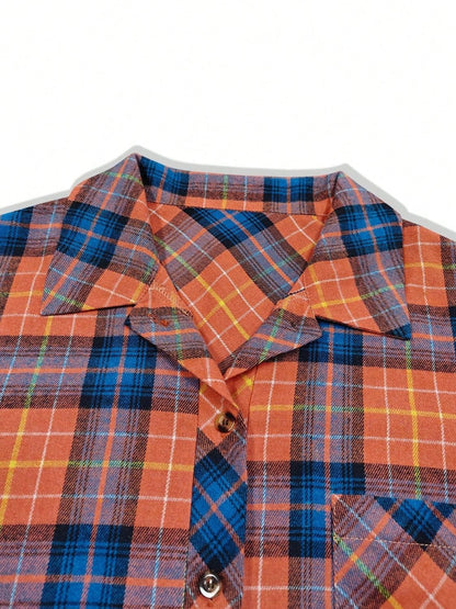 Plaid collared neck long sleeve shirt with pocket, orange and blue design.