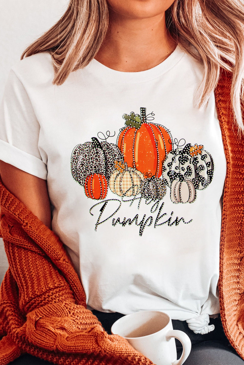 T-shirt de Thanksgiving à imprimé citrouille et strass blanc