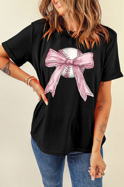 Black Baseball Bow Knot Print Round Neck