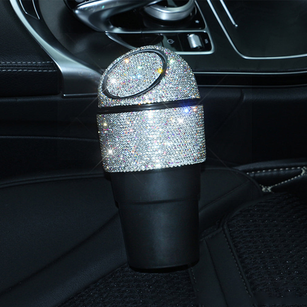 Car Can Trash Trash Canss Trashcan with Lid Bling Rhinestone Garbage Vehicle Center Console Abs