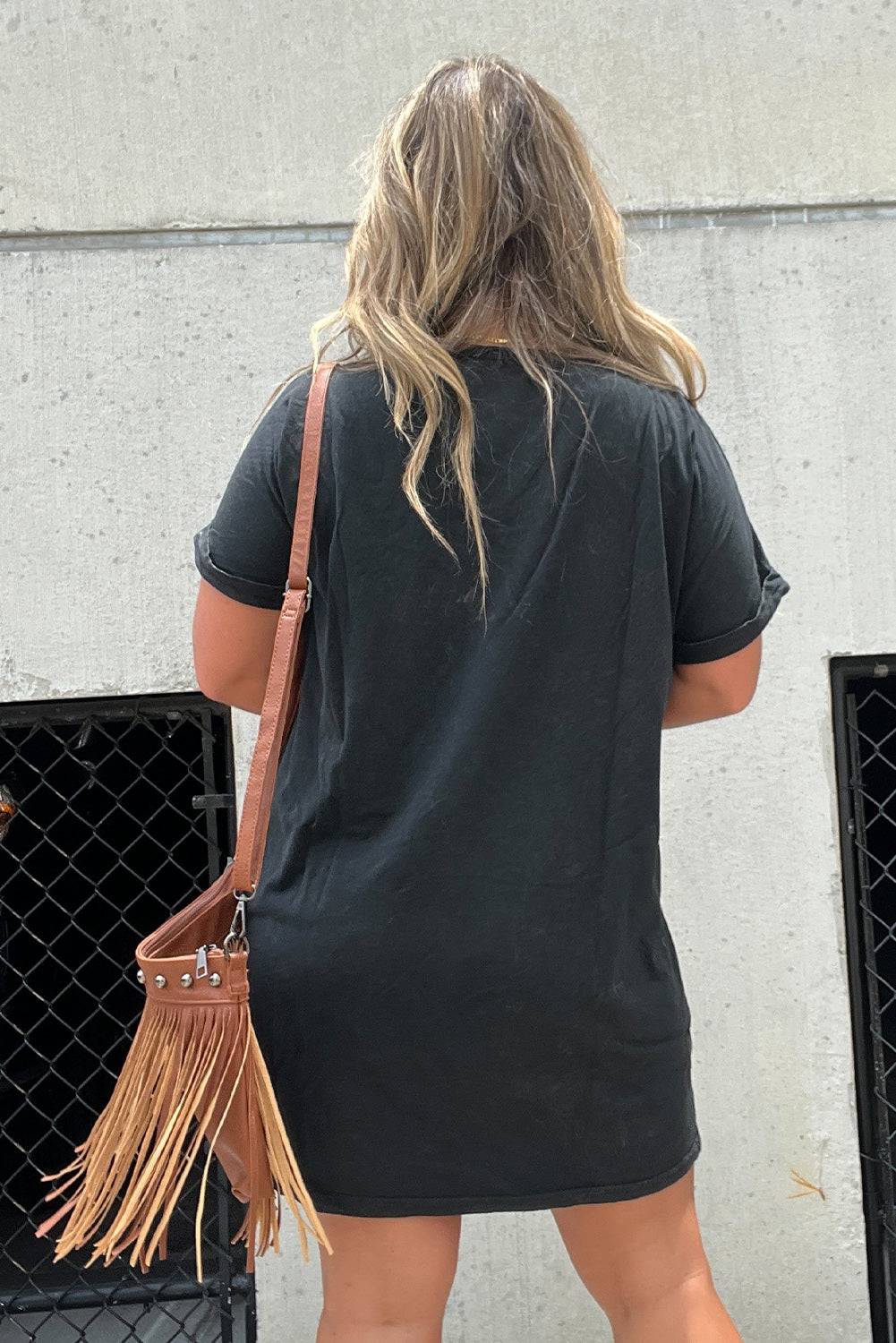 Graphic round neck short sleeve tee dress in black, comfortable fit with modern design.