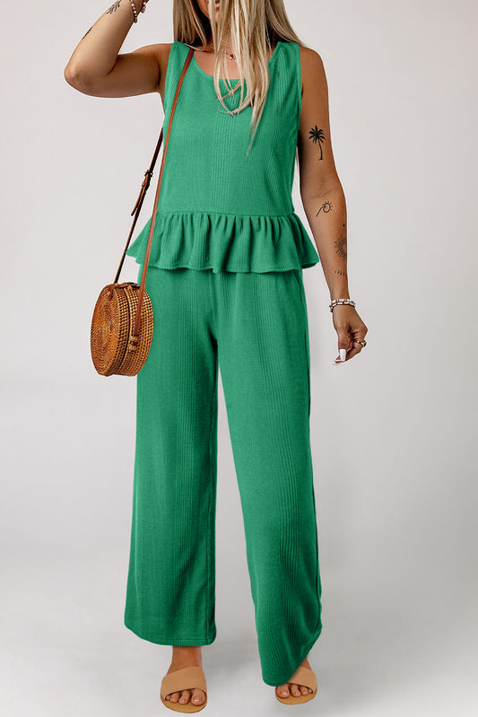 Ensemble débardeur et pantalon côtelés de couleur unie verte