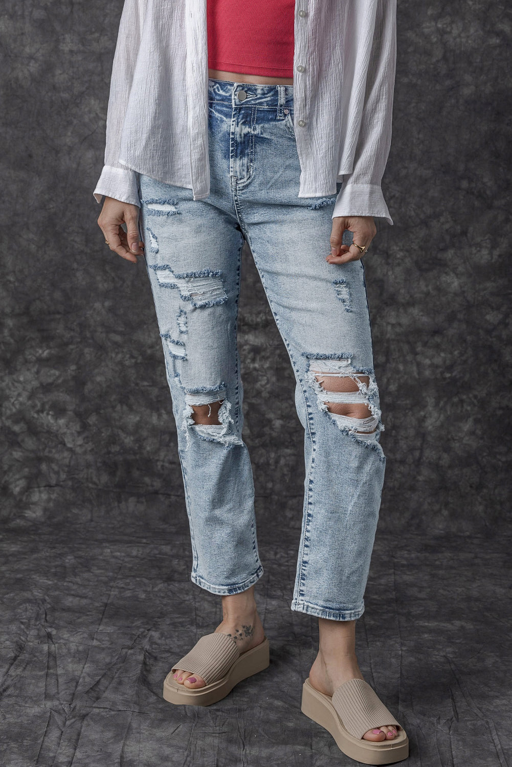 Navy Blue Light Wash Frayed Slim Fit High Waist Jeans