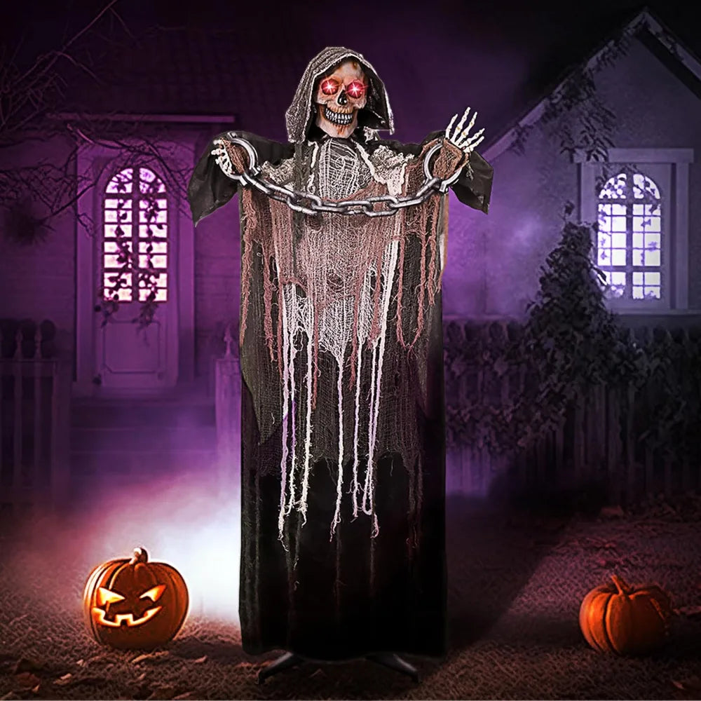 Halloween Grim Reaper with Chain, Halloween Skeleton Life Size with Light-Up Eyes and Creepy Sound, Scary Decorations Props