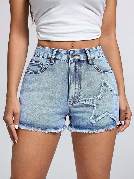 Star Raw Hem Denim Shorts