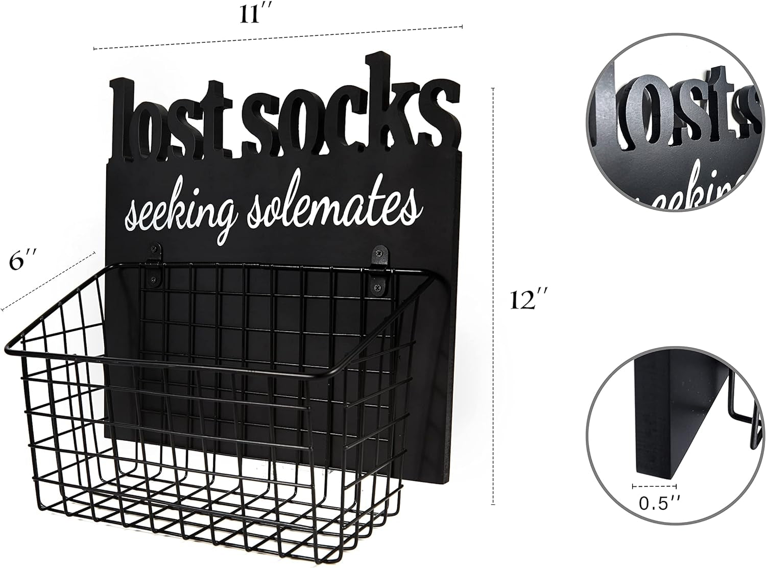 Cutout Letters Lost Socks - Laundry Room Organization, Farmhouse Laundry Room Decor and Accessories - House Decor Rustic Wooden Laundry Sign Wall Decor with Attached Basket - Black